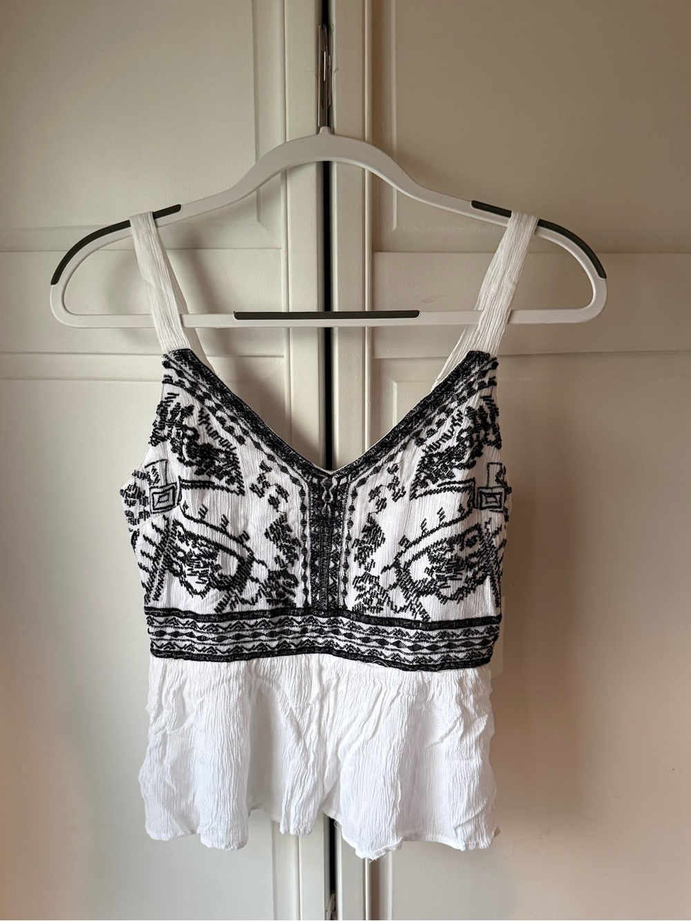 White and Black Embroidered Tank Top